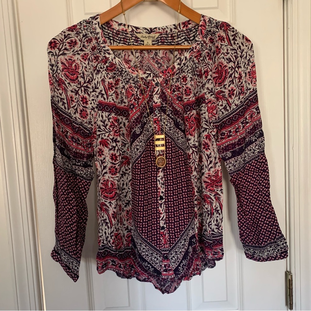 Retro Lucky Brand Floral Paneled Peasant Blouse